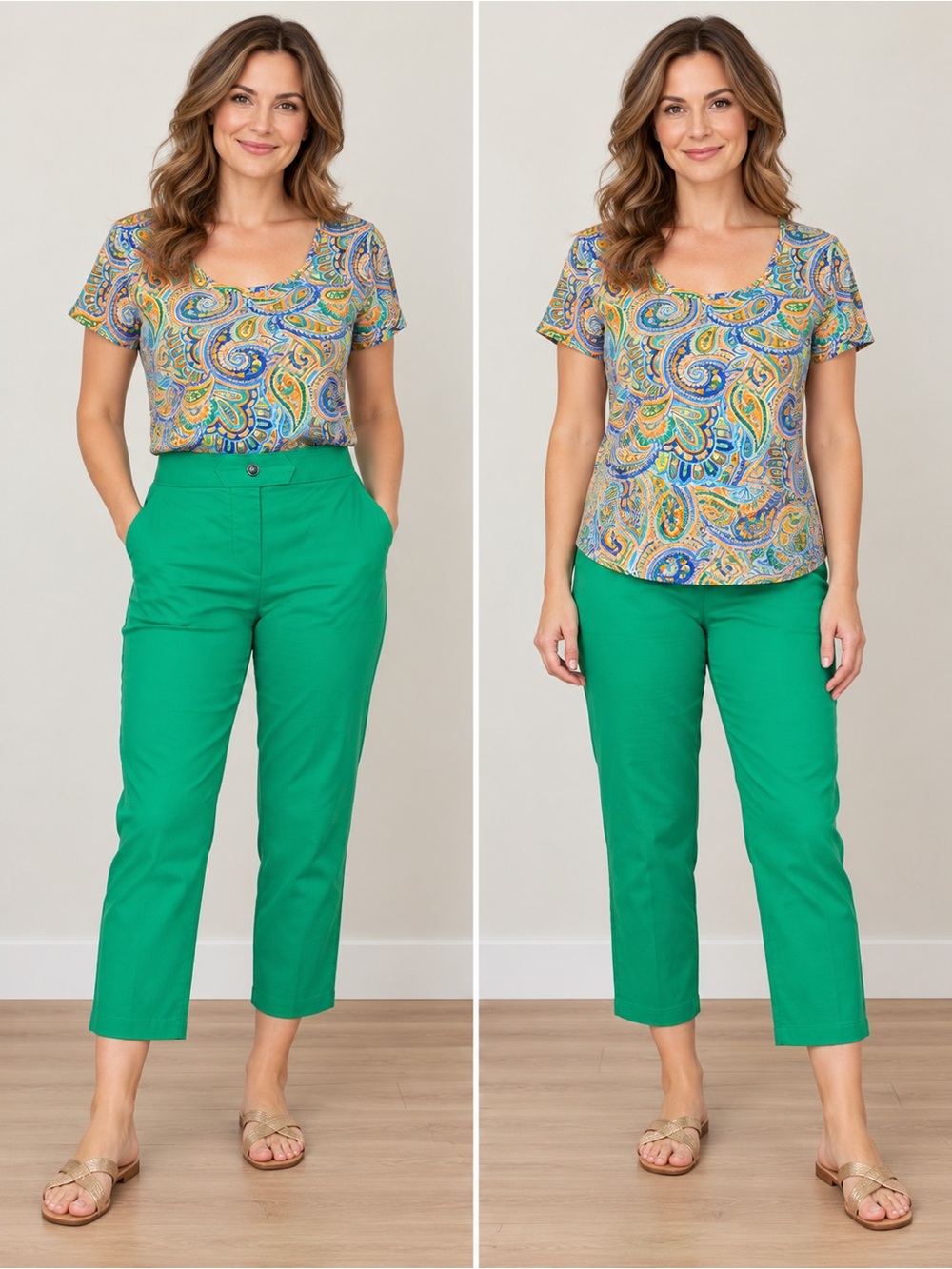 7-Piece Bundle Rafaella Green Cropped Pants & 6 Colorful Tops S–M